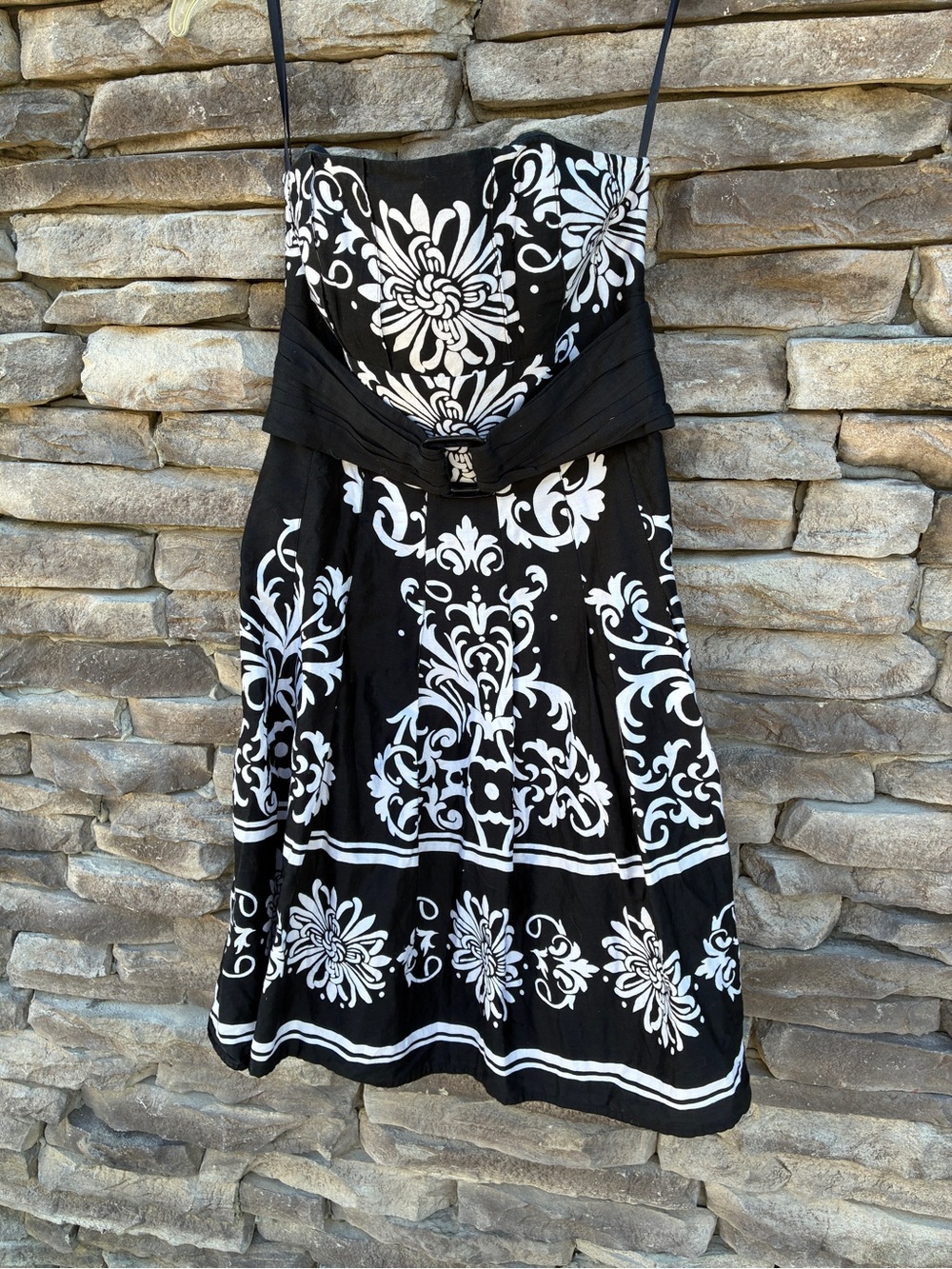 White House Black Market black and white floral Strapless Fit and Flare Dress